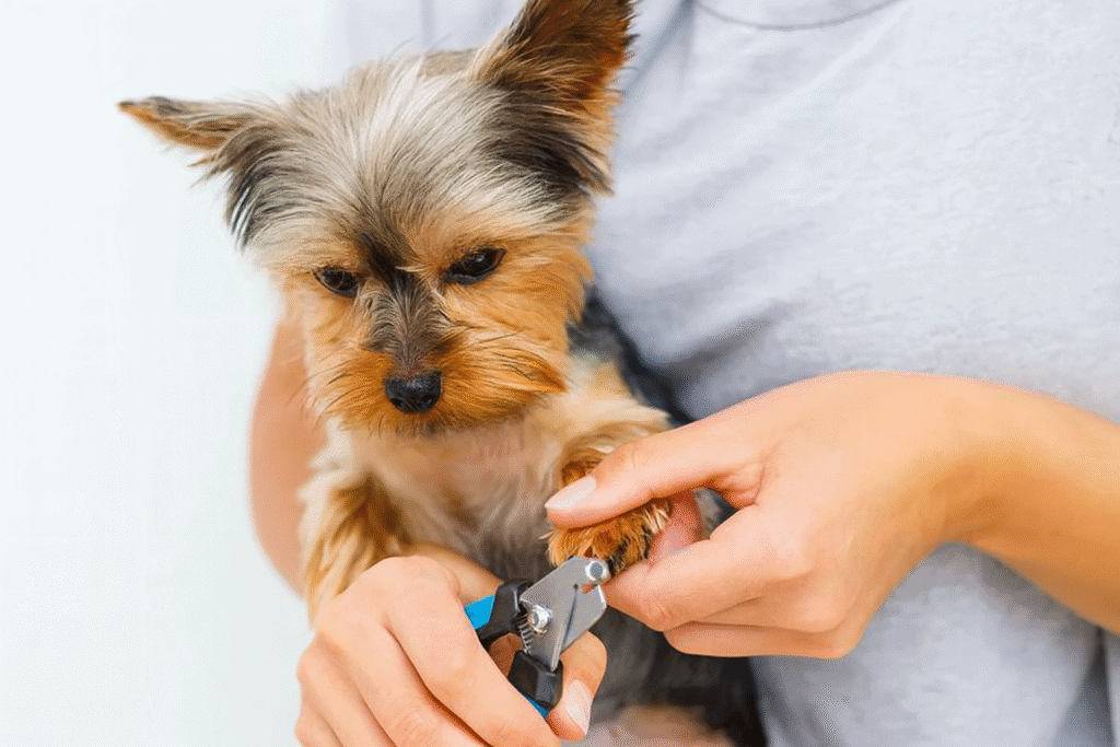 Imagem de pessoa cortando as unhas de um cachorro com cuidado.
