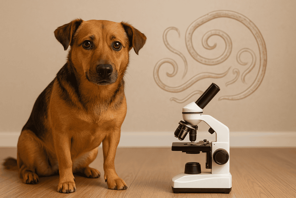 Cachorro ao lado de microscópio, ilustrando sintomas de verme em cães.