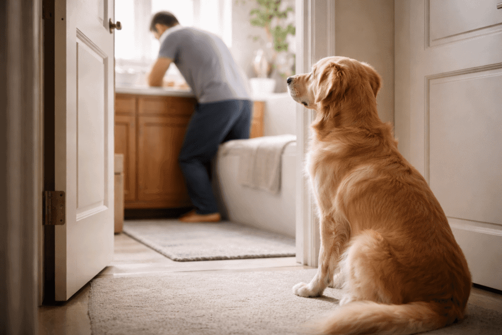 Cachorro sentado observando dono no banheiro, mostrando vínculo e comportamento de fidelidade.