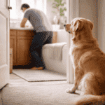 Cachorro sentado observando dono no banheiro, mostrando vínculo e comportamento de fidelidade.