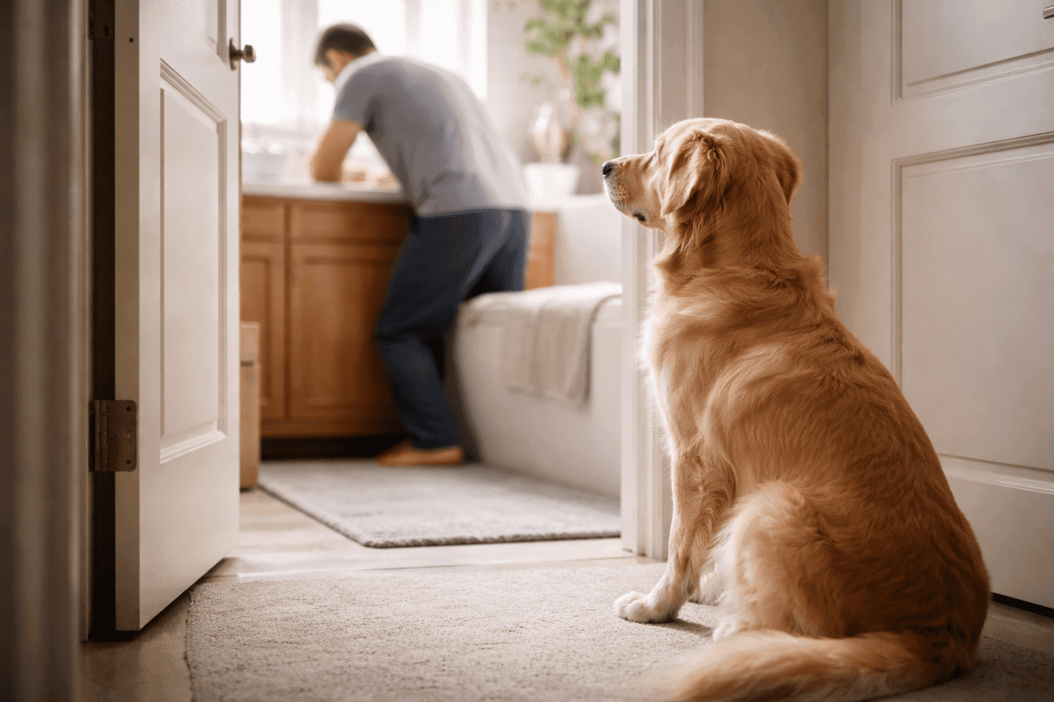 Cachorro sentado observando dono no banheiro, mostrando vínculo e comportamento de fidelidade.