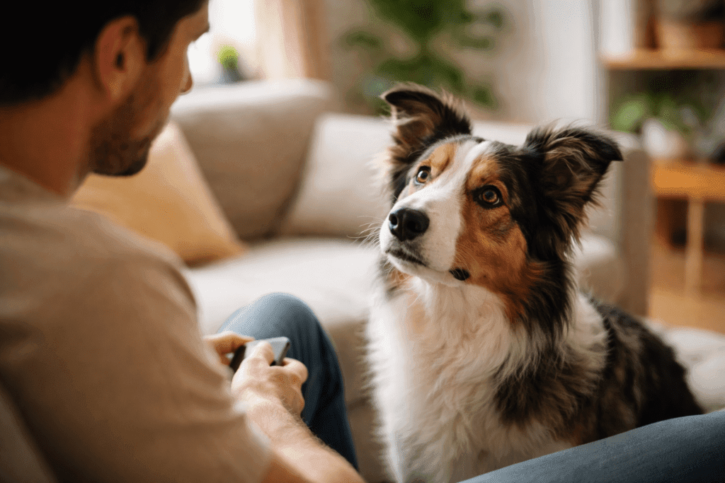 Cachorro inteligente observando seu dono com atenção em casa.
