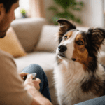 Cachorro inteligente observando seu dono com atenção em casa.
