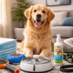 Cachorro feliz com itens de higiene e alimentação ao seu redor.