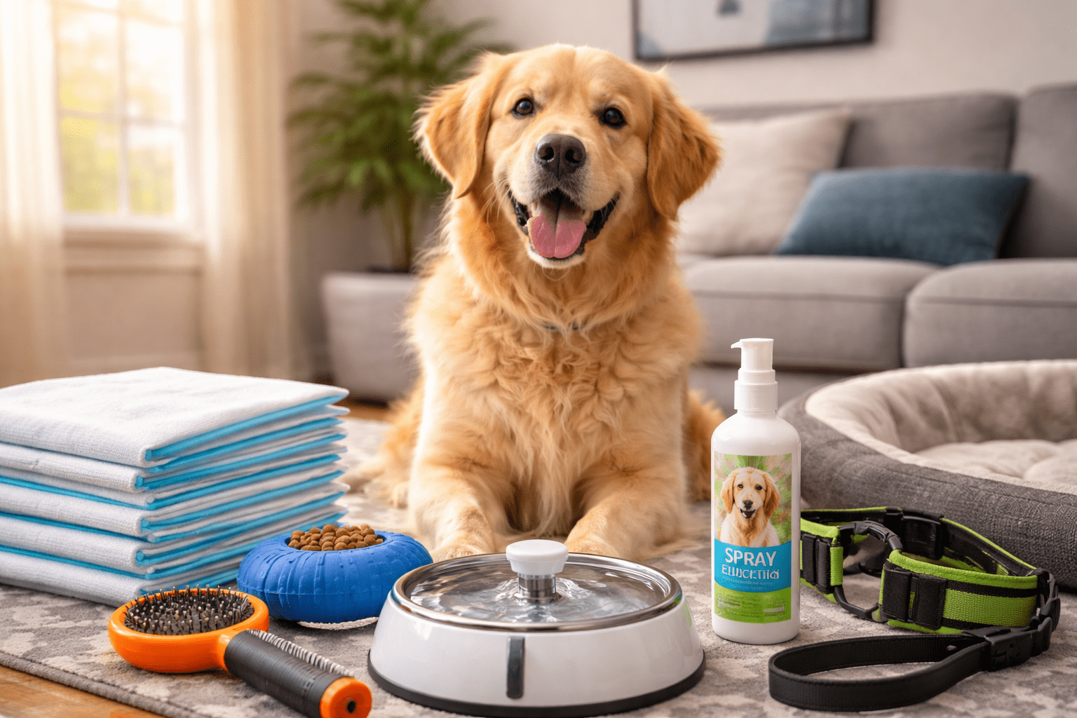 Cachorro feliz com itens de higiene e alimentação ao seu redor.