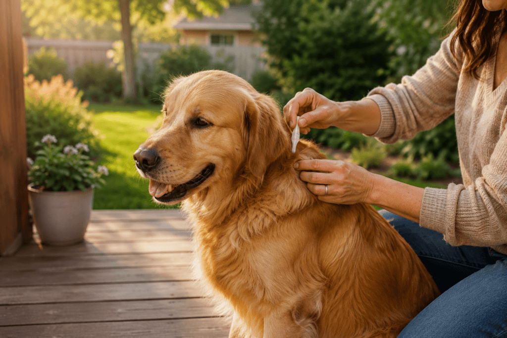 Tutor aplicando antipulgas tópico em cachorro golden retriever ao ar livre