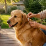 Tutor aplicando antipulgas tópico em cachorro golden retriever ao ar livre