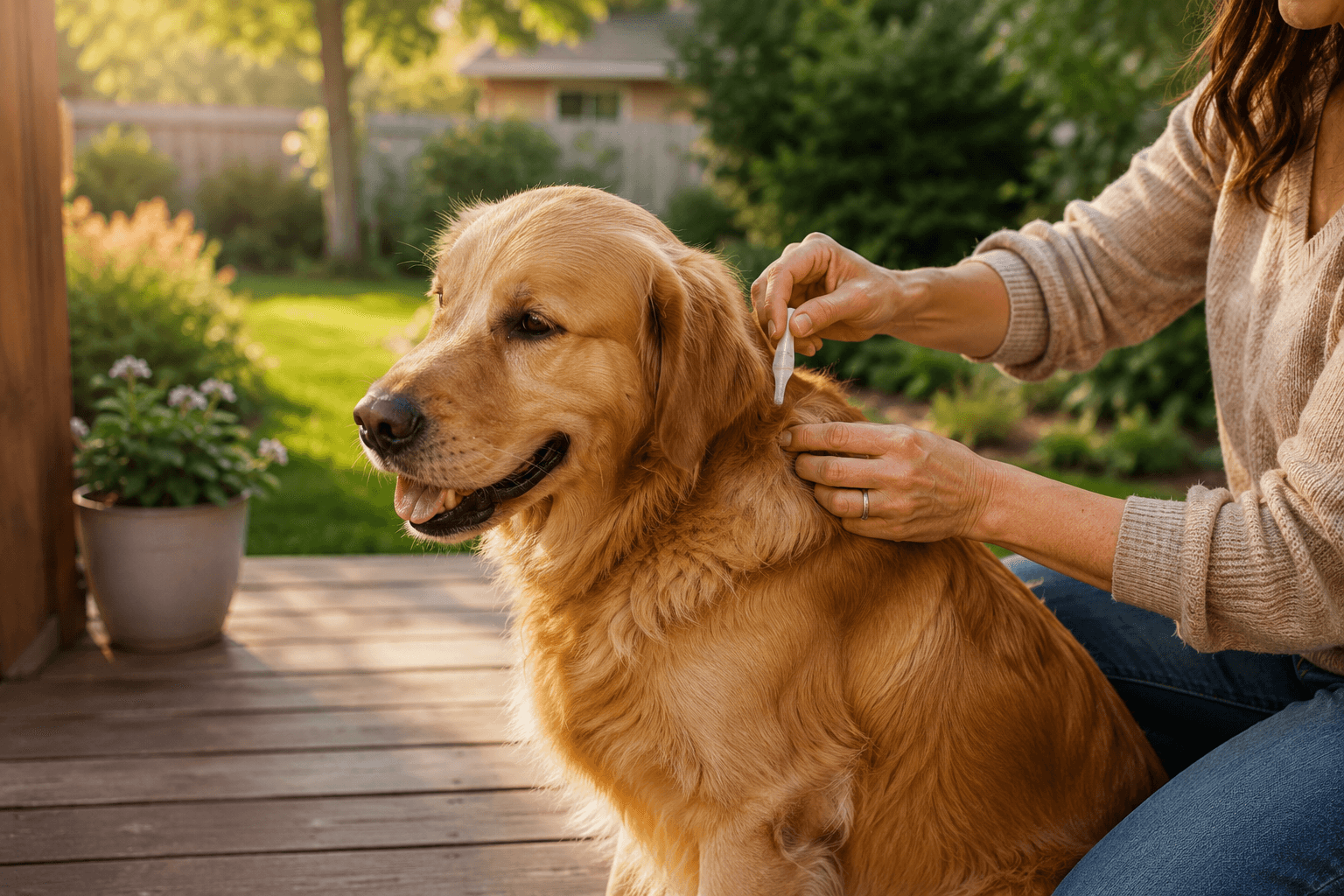 Tutor aplicando antipulgas tópico em cachorro golden retriever ao ar livre