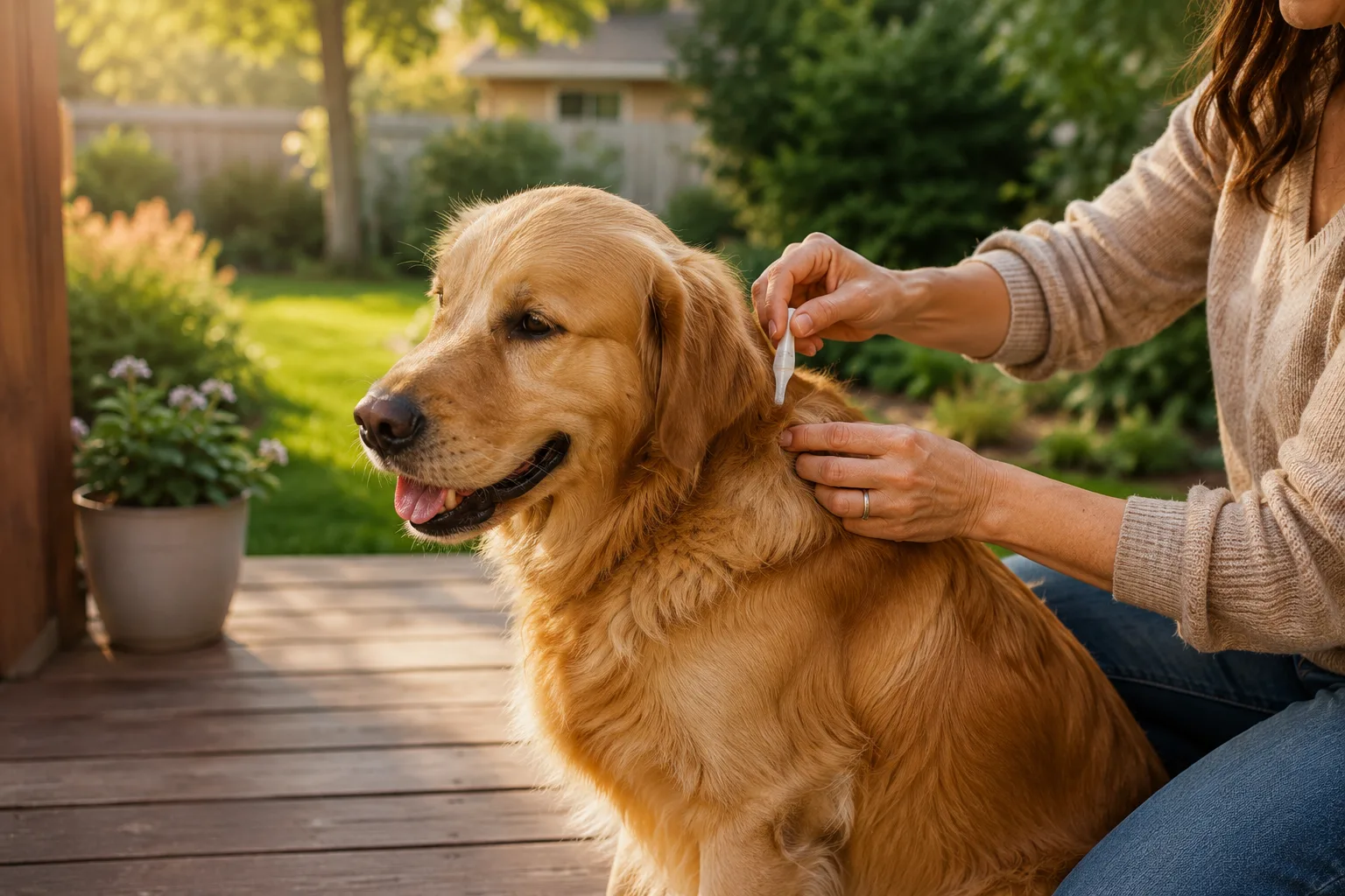 Tutor aplicando antipulgas tópico em cachorro golden retriever ao ar livre