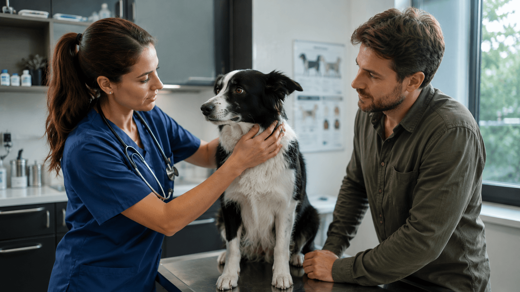 Veterinário orientando tutor sobre prevenção contra pulgas e carrapatos.