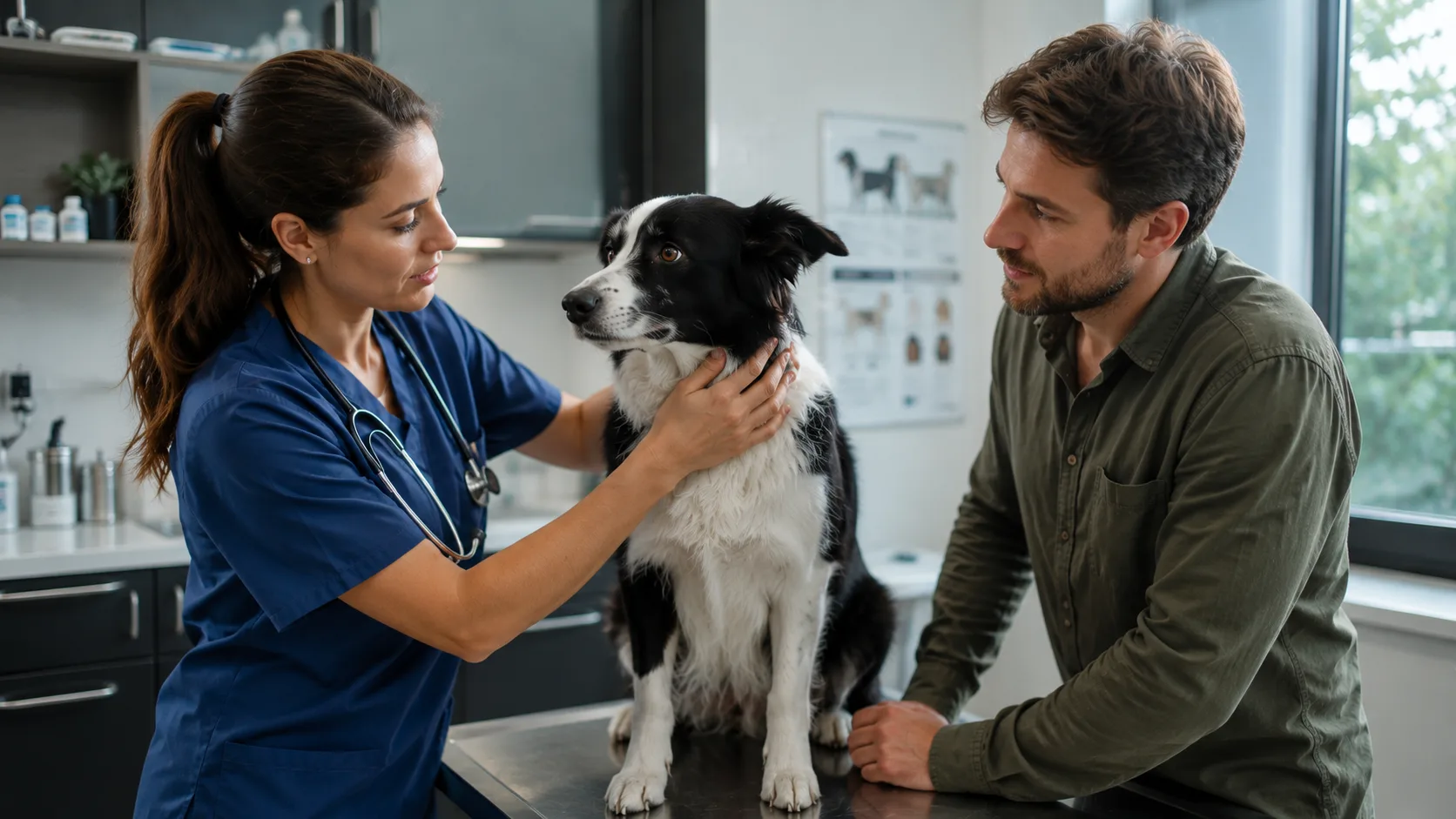 Veterinário orientando tutor sobre prevenção contra pulgas e carrapatos.